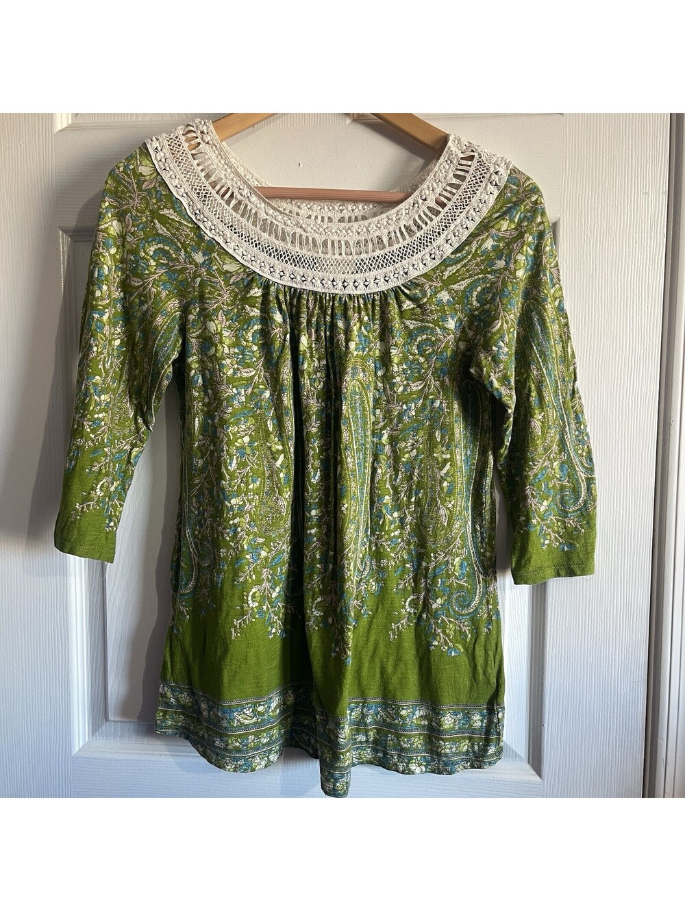 Meadow Rue Anthropologie Sz L Green Paisley Crocheted Collar Tunic Top